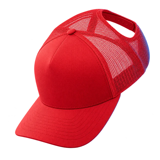 Red YP 6506 trucker cap hooked over the lower logo crest